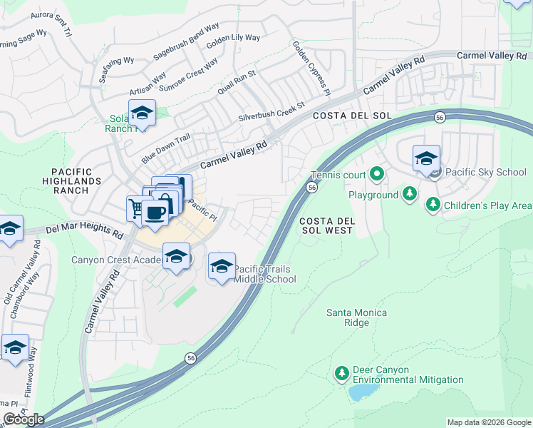 map of restaurants, bars, coffee shops, grocery stores, and more near 13032 Alora Point in San Diego