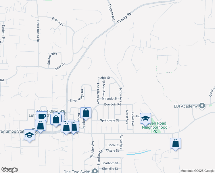 map of restaurants, bars, coffee shops, grocery stores, and more near 13554 Del Marino Avenue in Poway