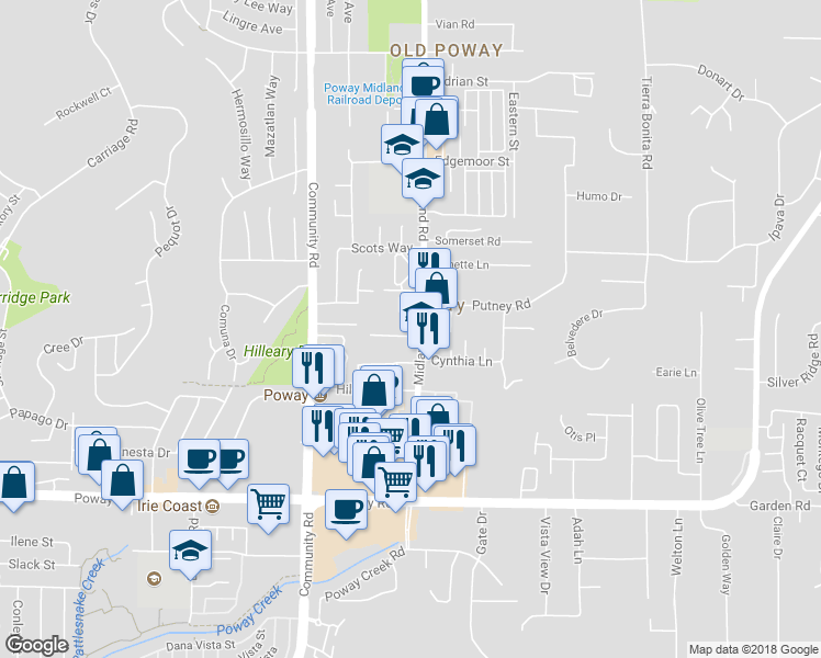 map of restaurants, bars, coffee shops, grocery stores, and more near 13634 Midland Road in Poway