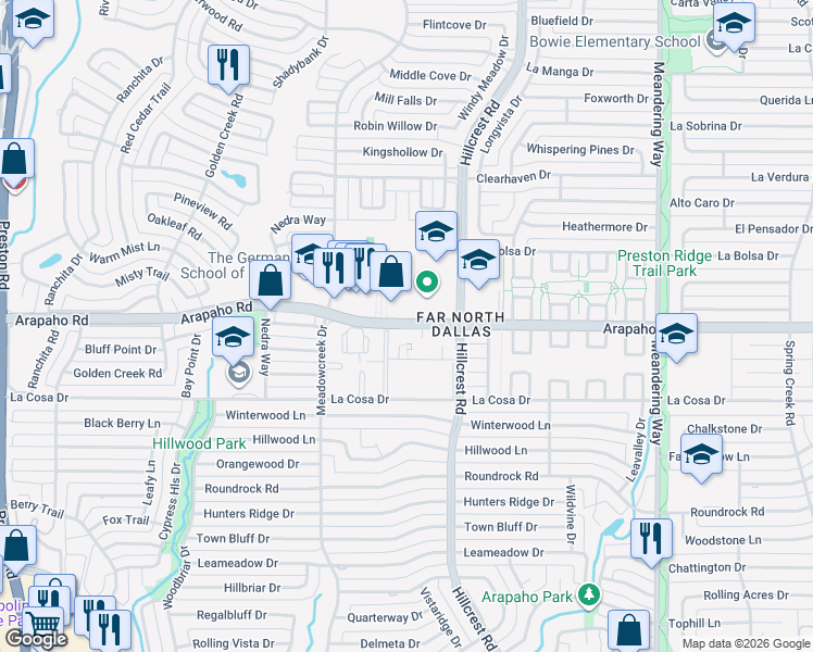 map of restaurants, bars, coffee shops, grocery stores, and more near 6957 Arapaho Road in Dallas