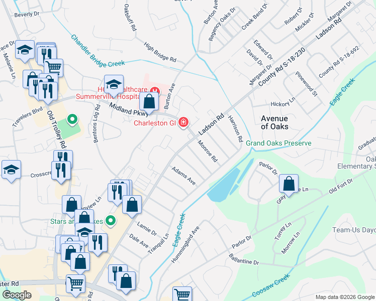 map of restaurants, bars, coffee shops, grocery stores, and more near 102 Monroe Road in Ladson