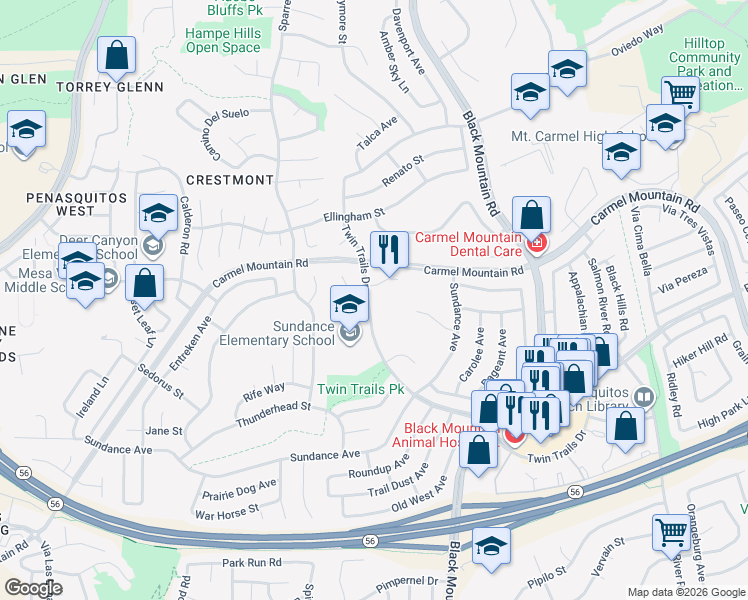 map of restaurants, bars, coffee shops, grocery stores, and more near 8929 Twin Trails Drive in San Diego