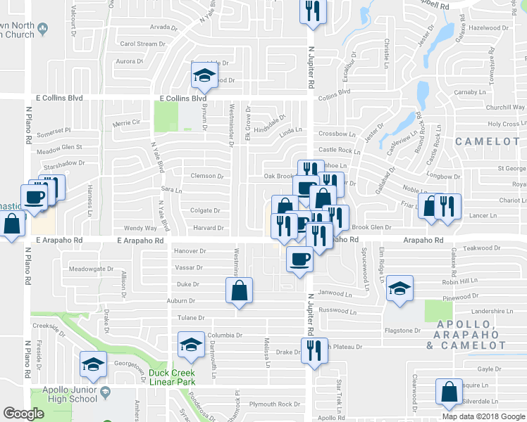 map of restaurants, bars, coffee shops, grocery stores, and more near 1171 Brush Creek Drive in Richardson