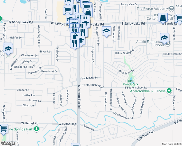 map of restaurants, bars, coffee shops, grocery stores, and more near 331 Edgewood Drive in Coppell