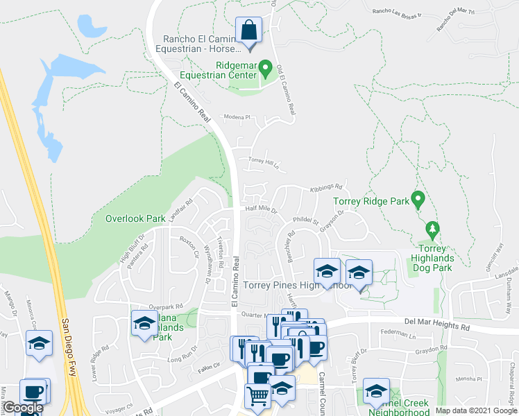 map of restaurants, bars, coffee shops, grocery stores, and more near Half Mile Dr & Jadestone Way in San Diego