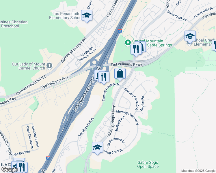 map of restaurants, bars, coffee shops, grocery stores, and more near 13520 Evening Creek Drive North in San Diego