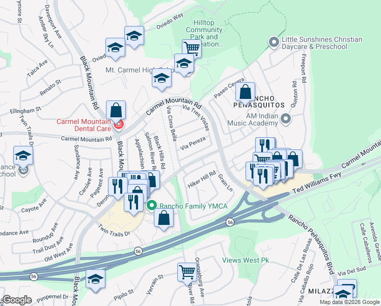 map of restaurants, bars, coffee shops, grocery stores, and more near 9554 Paseo Temporada in San Diego