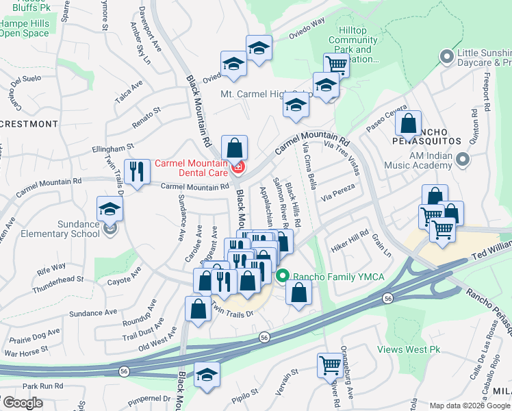 map of restaurants, bars, coffee shops, grocery stores, and more near 13476 Sawtooth Road in San Diego