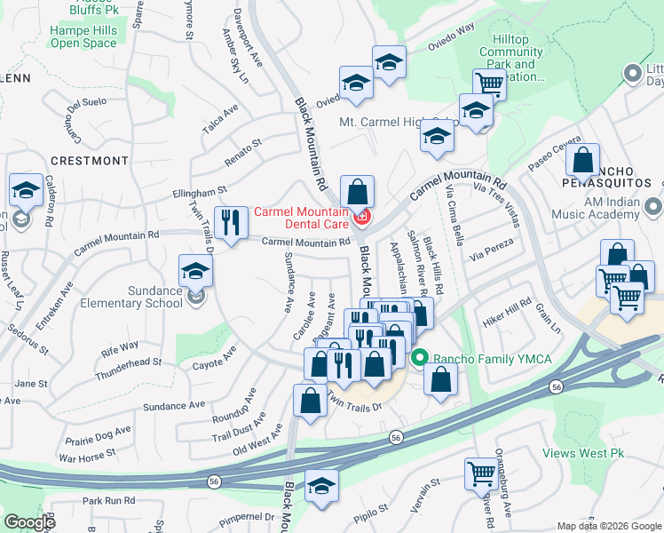map of restaurants, bars, coffee shops, grocery stores, and more near 13293 Deron Avenue in San Diego