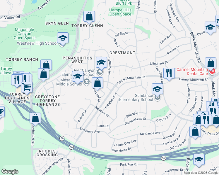 map of restaurants, bars, coffee shops, grocery stores, and more near 8475 Entreken Way in San Diego