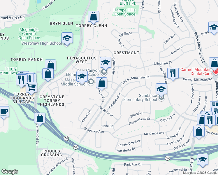 map of restaurants, bars, coffee shops, grocery stores, and more near 13385 Darview Lane in San Diego