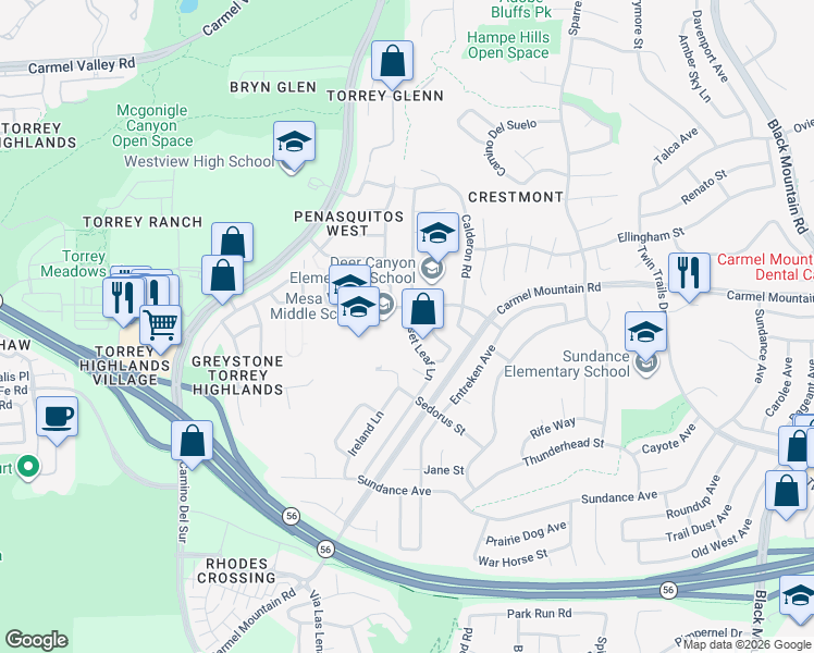 map of restaurants, bars, coffee shops, grocery stores, and more near 8393 Entreken Way in San Diego