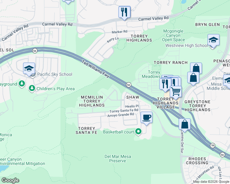 map of restaurants, bars, coffee shops, grocery stores, and more near 13305 Copperwind Lane in San Diego