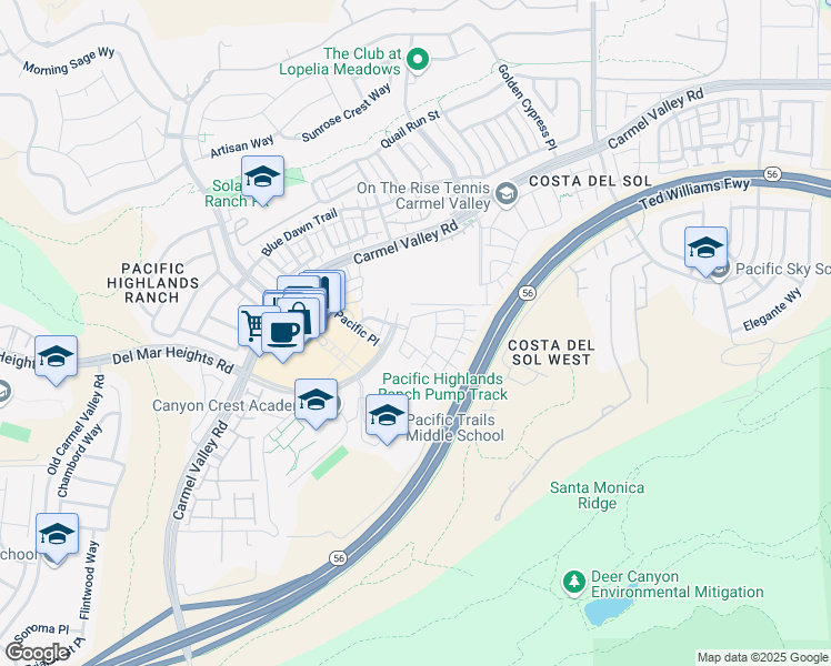 map of restaurants, bars, coffee shops, grocery stores, and more near 6136 Galante Place in San Diego
