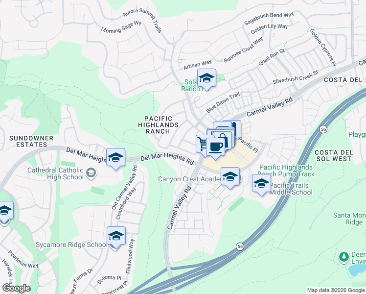 map of restaurants, bars, coffee shops, grocery stores, and more near 5750 Cape Jewels Trail in San Diego