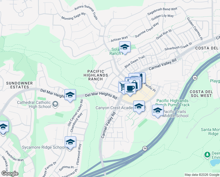 map of restaurants, bars, coffee shops, grocery stores, and more near 5733 Cornflower Trail in San Diego