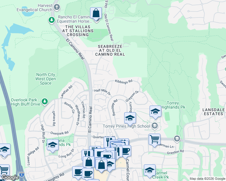 map of restaurants, bars, coffee shops, grocery stores, and more near 13383 Heston Place in San Diego