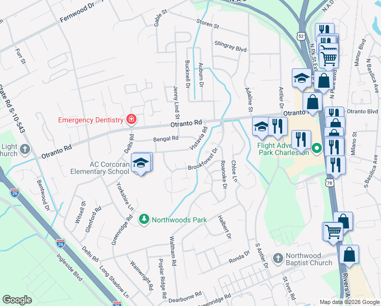 map of restaurants, bars, coffee shops, grocery stores, and more near 2432 Vistavia Road in North Charleston