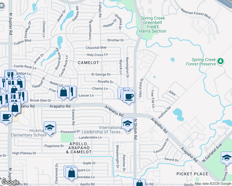 map of restaurants, bars, coffee shops, grocery stores, and more near 2518 Royalty Drive in Garland
