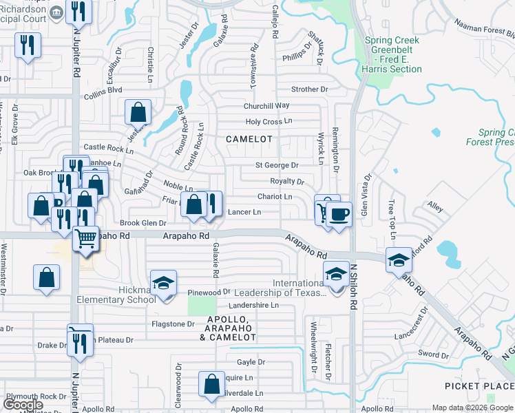 map of restaurants, bars, coffee shops, grocery stores, and more near 2910 Chariot Lane in Garland