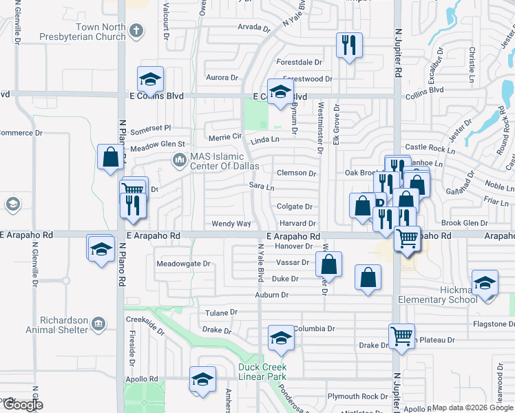 map of restaurants, bars, coffee shops, grocery stores, and more near 1202 North Yale Boulevard in Richardson