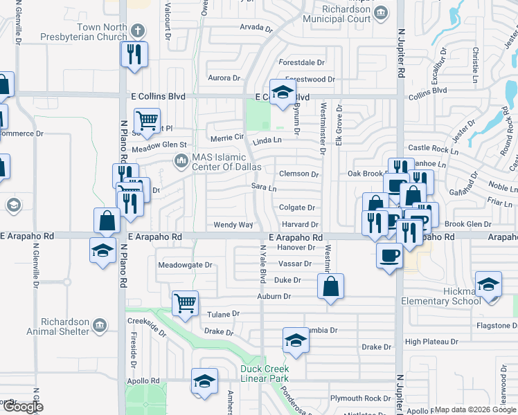 map of restaurants, bars, coffee shops, grocery stores, and more near 1202 North Yale Boulevard in Richardson