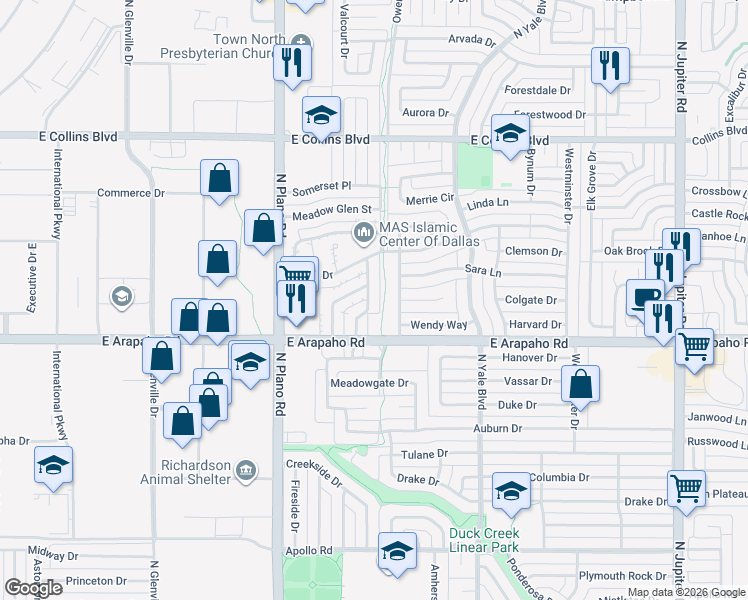 map of restaurants, bars, coffee shops, grocery stores, and more near 1011-1199 Harness Lane in Richardson