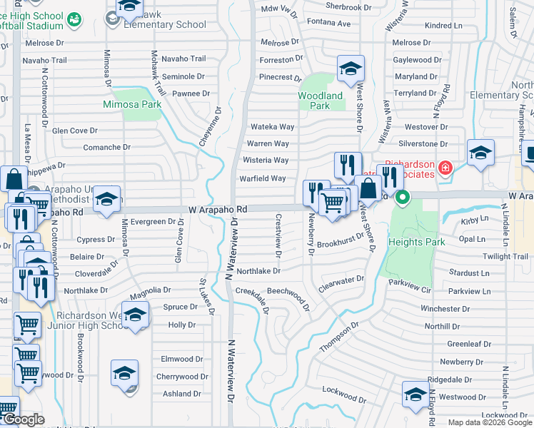 map of restaurants, bars, coffee shops, grocery stores, and more near 919 Wedgewood Way in Richardson