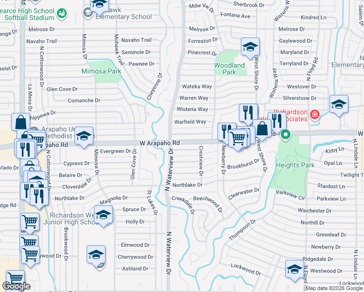 map of restaurants, bars, coffee shops, grocery stores, and more near 919 Wedgewood Way in Richardson