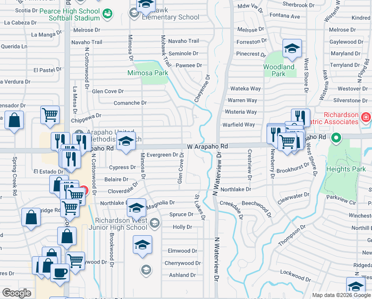 map of restaurants, bars, coffee shops, grocery stores, and more near 1202 West Arapaho Road in Richardson