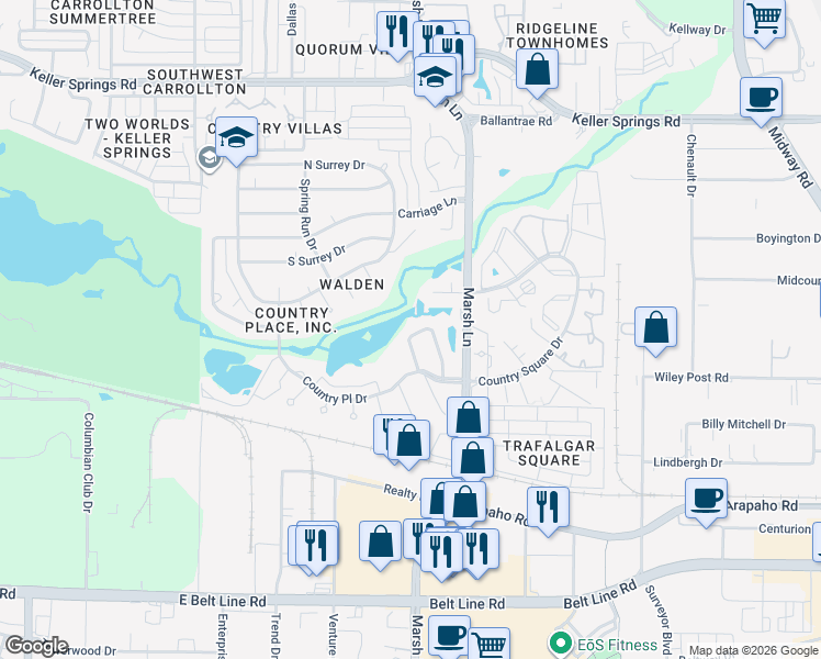 map of restaurants, bars, coffee shops, grocery stores, and more near 1731 Marsh Lane in Carrollton