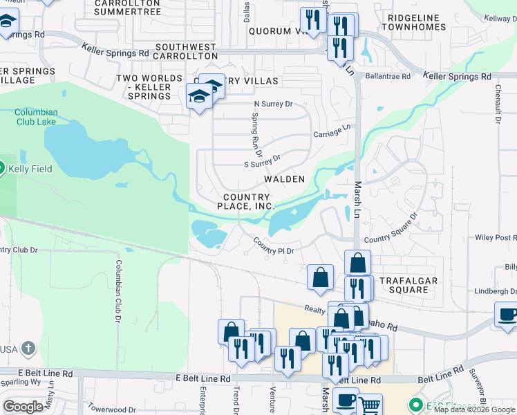 map of restaurants, bars, coffee shops, grocery stores, and more near 2756 Fairwood Avenue in Carrollton