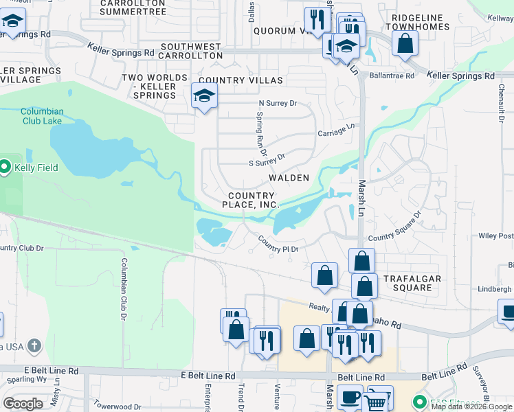 map of restaurants, bars, coffee shops, grocery stores, and more near 2756 Fairwood Avenue in Carrollton