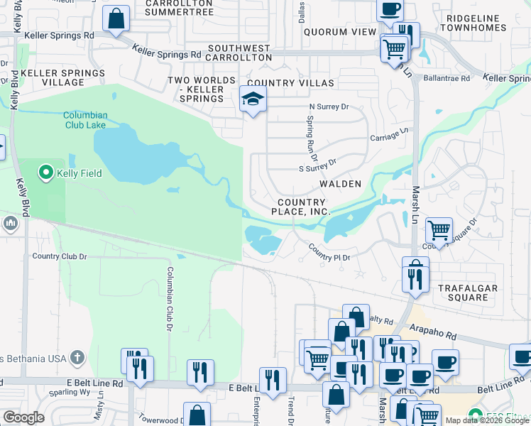 map of restaurants, bars, coffee shops, grocery stores, and more near 2725 Wagonwheel Drive in Carrollton