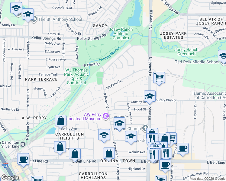 map of restaurants, bars, coffee shops, grocery stores, and more near 1814 Briar Cove in Carrollton