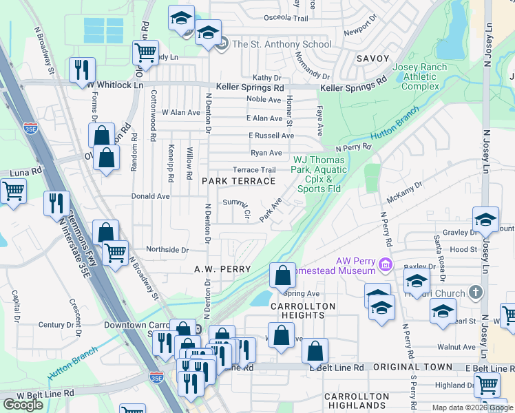 map of restaurants, bars, coffee shops, grocery stores, and more near 1729 Park Heights Circle in Carrollton