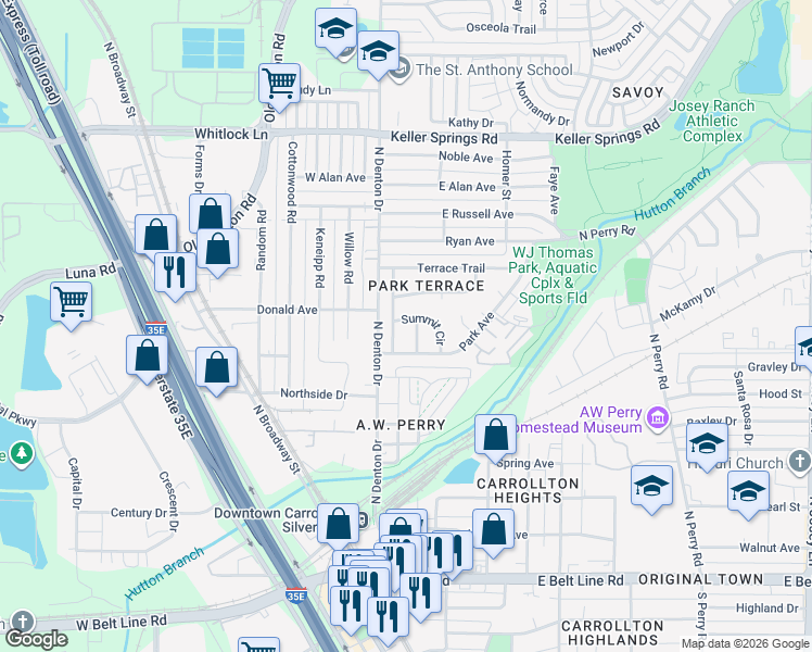 map of restaurants, bars, coffee shops, grocery stores, and more near 1007 Summit Circle in Carrollton