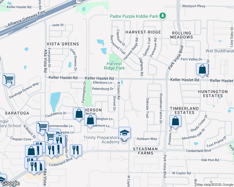map of restaurants, bars, coffee shops, grocery stores, and more near 4120 Petersburg Drive in Fort Worth