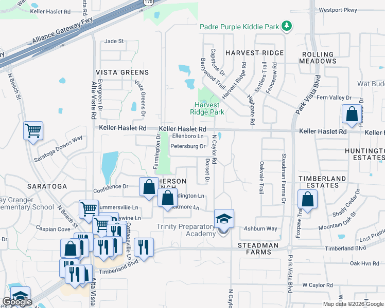 map of restaurants, bars, coffee shops, grocery stores, and more near 4028 Petersburg Drive in Fort Worth