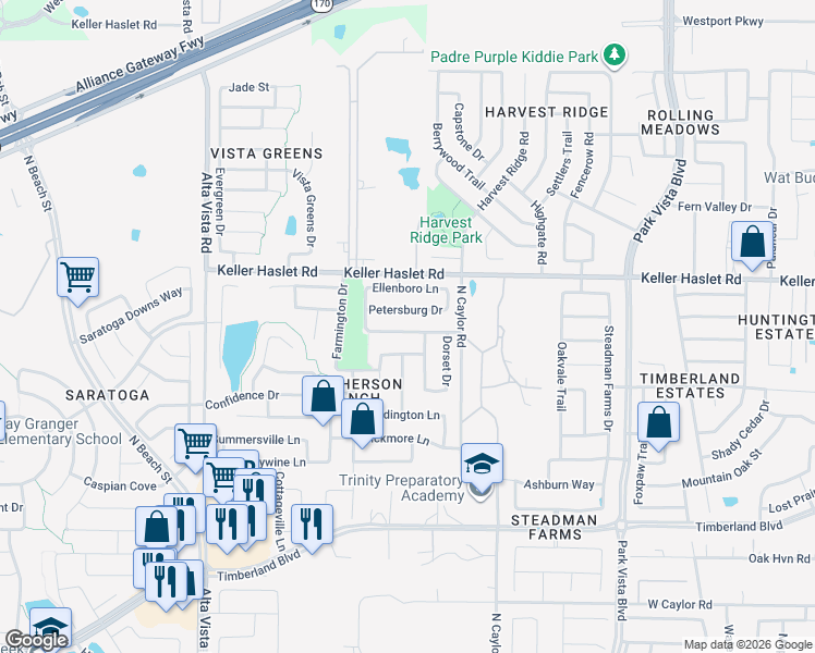 map of restaurants, bars, coffee shops, grocery stores, and more near 4028 Petersburg Drive in Fort Worth