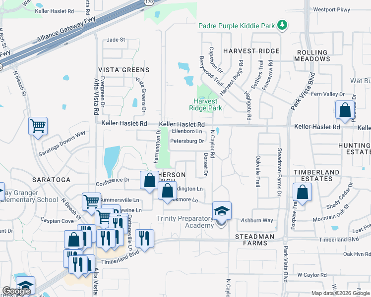 map of restaurants, bars, coffee shops, grocery stores, and more near 4028 Petersburg Drive in Fort Worth