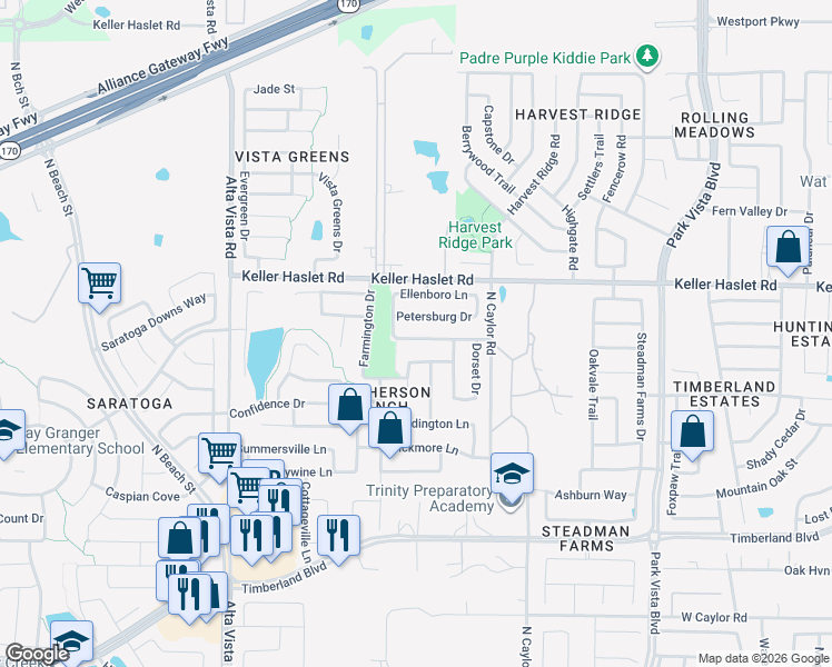 map of restaurants, bars, coffee shops, grocery stores, and more near 4028 Petersburg Drive in Fort Worth