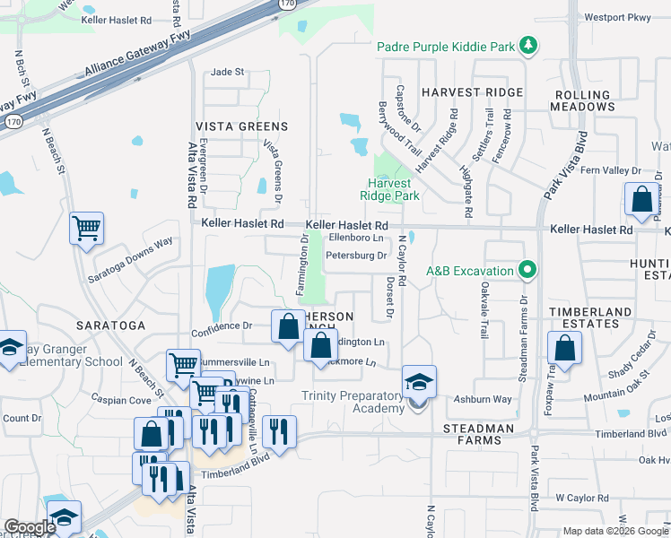 map of restaurants, bars, coffee shops, grocery stores, and more near 4000 Petersburg Drive in Fort Worth