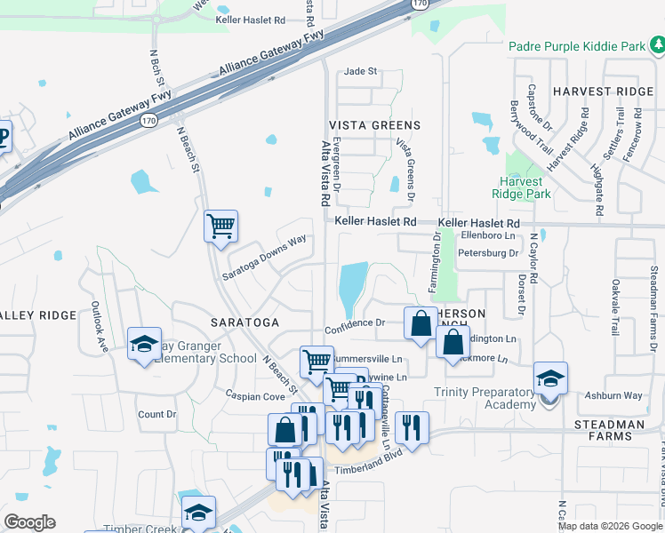 map of restaurants, bars, coffee shops, grocery stores, and more near 12905 Hurricane Lane in Fort Worth