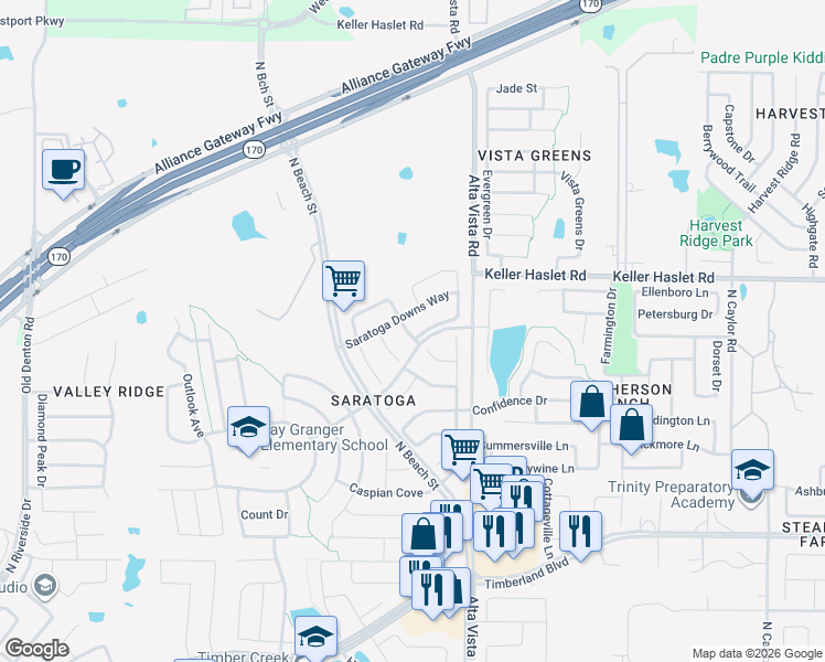 map of restaurants, bars, coffee shops, grocery stores, and more near 3600 Saratoga Downs Way in Fort Worth