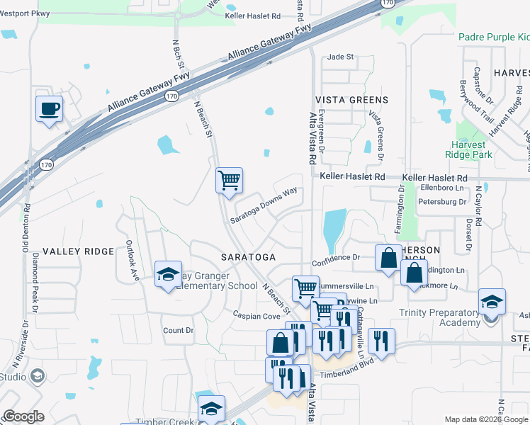 map of restaurants, bars, coffee shops, grocery stores, and more near 3600 Saratoga Downs Way in Fort Worth