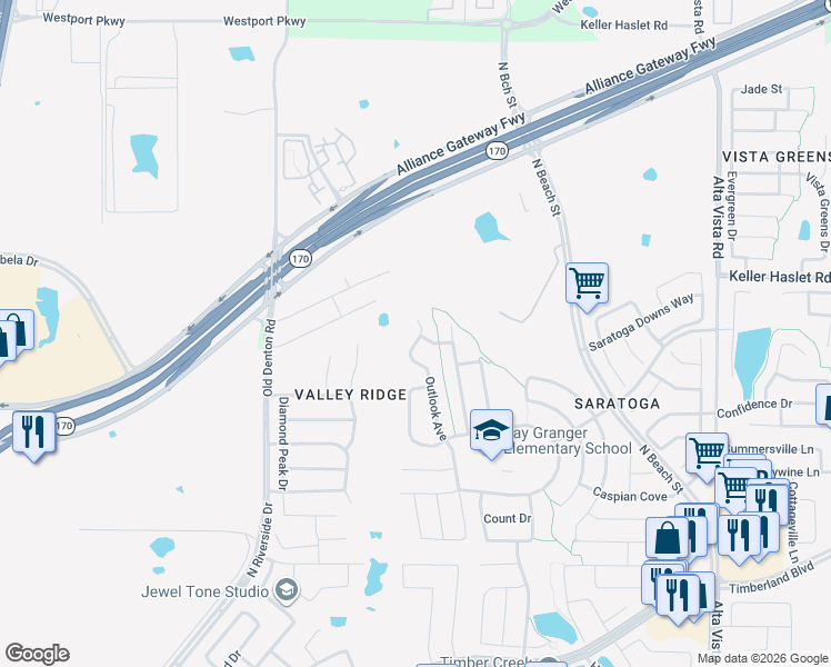 map of restaurants, bars, coffee shops, grocery stores, and more near 12877 Outlook Avenue in Fort Worth