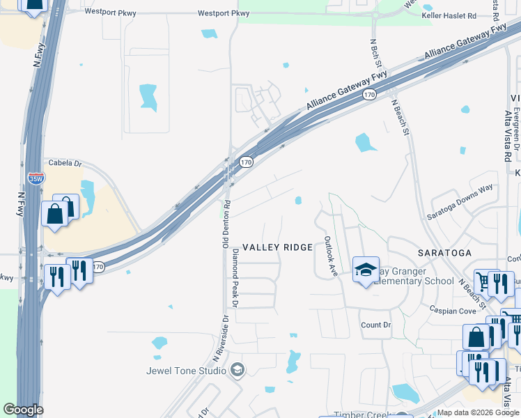 map of restaurants, bars, coffee shops, grocery stores, and more near 3061 Bella Lago Drive in Fort Worth