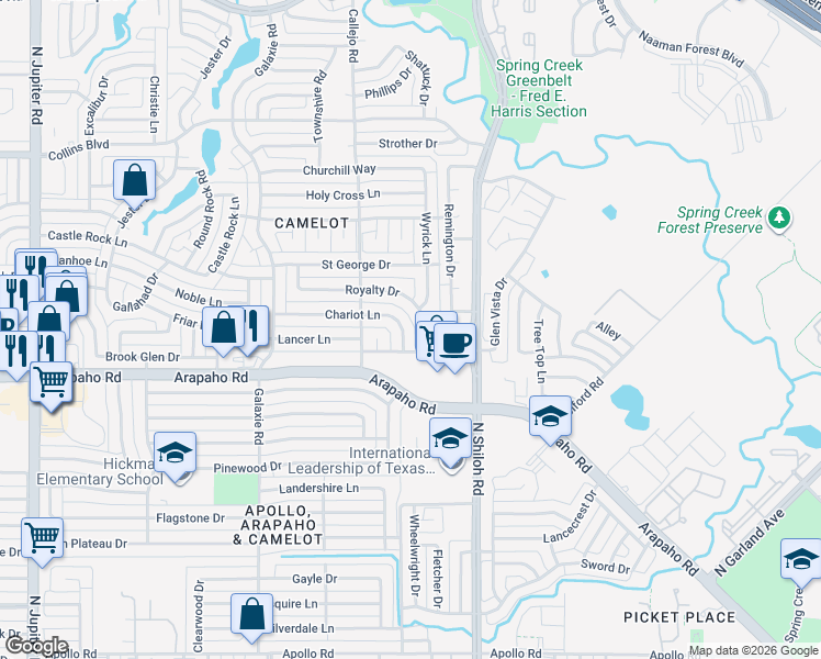 map of restaurants, bars, coffee shops, grocery stores, and more near 2513 Chariot Lane in Garland