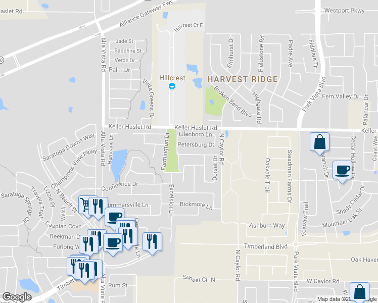 map of restaurants, bars, coffee shops, grocery stores, and more near 4021 Martinsburg Drive in Fort Worth